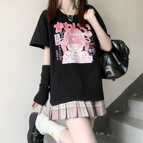 Size 2XL Pastel Goth Japanese Fashion Kawaii Clothes Soft Cotton Comic Print Girl's World T-Shirt