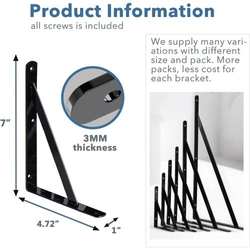 Shelf Brackets 12 Pack 7 inch Heavy Duty Metal L Brackets for Shelf 7x5 Black Iron Wall Mount Screw Included