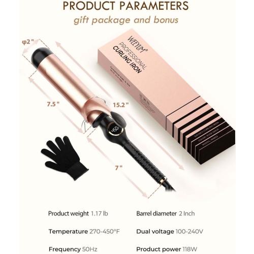 Large Curling Iron 2 Inch, Ceramic Long Barrel Hair Curling Wand, Hair Styling Tool, Dual Voltage, LCD Display, Black