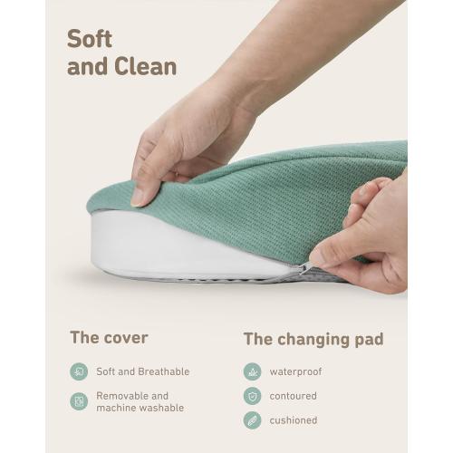(Color Tan) Contoured Changing Pad with Soft & Washable Cover, Waterproof Lining Foam Baby Changing Table Pads for Dresser Top, Secure with Security Strap and Two High Curved Sides, 32”×16”,