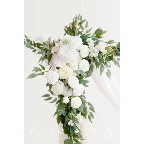 Ling's moment Artificial Wedding Arch Flowers Kit Pack of 4, 2pcs Hanging Silk Flowers Arrangement 2pcs Chiffon Drapes Ceremony Spring Fake Rose Arbor Backdrop White Sage Floral Party Outdoor Decor
