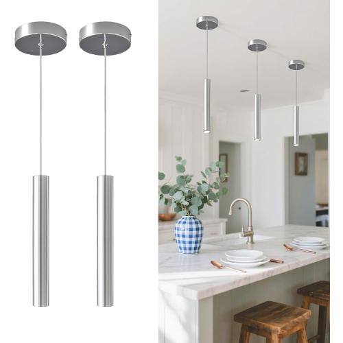 2 Pack Chrome Cylinder Pendant Lights for Kitchen Island, Modern 3W LED | 3000K warm integrated LEDs in slim 15.7 x 1.2 in chrome tubes; 59 in adjustable cords suit dining tables, bars and bedrooms