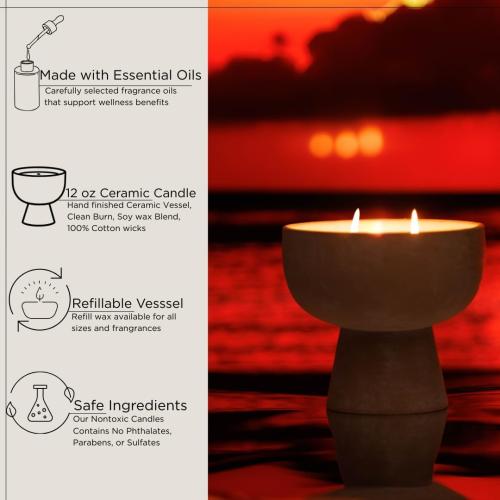 Blueme Romance Candle | Oakmoss & Sandalwood | 4 Wick - Refillable Wellness Candle with Essential Oils, Hand Finished & Poured Soy Wax Blend Ceramic Vessel, Natural Cotton Wicks | Large 24 oz