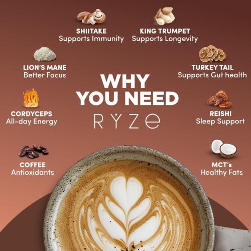 RYZE SUPERFOODS Mushroom Dark Roast Coffee Starter Kit, Instant Coffee with 6 Adaptogenic Mushrooms and Better Energy, Focus, Digestion, Immunity with Lions Mane & Turkey Tail. Pack of 2