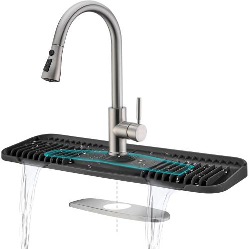 2nd Generation Silicone Faucet Mat, Kitchen Faucet Mat Silicone Faucet Drip Catcher with Cuttable Circular Central for Kitchen Sink, Tailor-Made for Faucets with Deck Plate【Black】