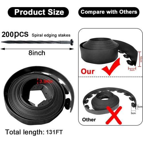 Garden Edging Borders 131FT,Landscape Edging Black[Extra Tall 4IN High] with 200pcs Plastic Stakes, Lawn Edging Flexible DIY Fence for Landscaping,Flower Bed,Grass,Gravel,Tree Surrounding