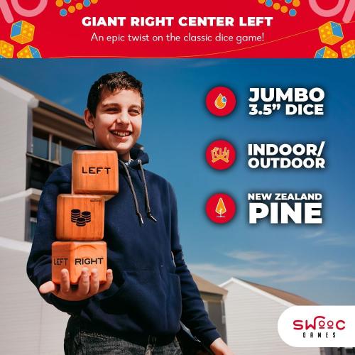 SWOOC Games® - Giant Right Center Left Dice Game (All Weather) with 24 Large Chips & Carry Bag - Jumbo Wooden Lawn Game - Big Backyard Games for Family - Indoor/Outdoor - Left Right Center Dice Set