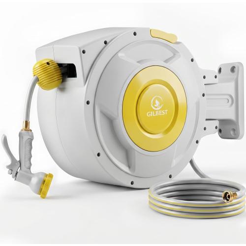 130 ft x 1/2 Retractable Garden Hose Reel, Heavy Duty Water Hose Reel Wall Mounted, Any Length Lock, 180°Swivel, Water Hose with 8-Function Nozzle for Cleaning, Watering (Yellow)