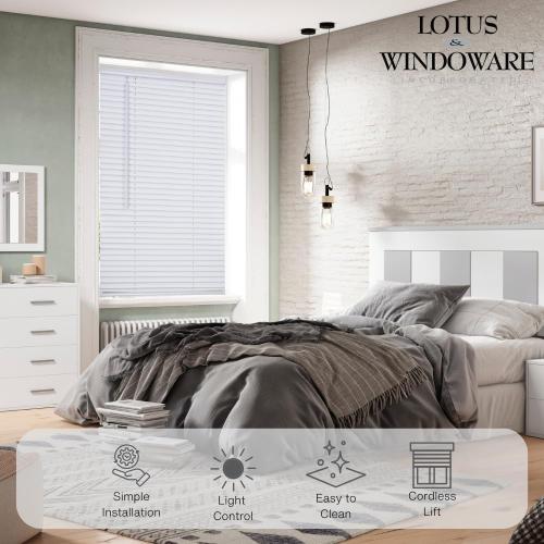 LOTUS & WINDOWARE Cordless Mini Blind, 1 Vinyl Slats, 34 Wide x 96 Long - White, Window Blinds for Home and Office, Interior Door Blinds - Light Filtering