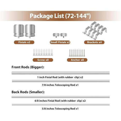 Double Curtain Rod 72 to 144 Inch, HOTOZON 1 Inch Heavy Duty Double Curtain Rods for Windows 60 to 140 Inches(5-11.6 ft), Telescoping Drapery Rod with Simple End Finials, Silver