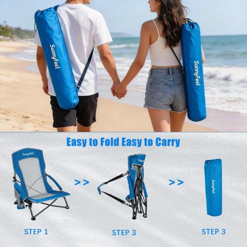 SUNNYFEEL Low Folding Beach Chair for Adults, Portable Lightweight Sling Beach Camping Chairs with Cup Holder, Armrest,Foldable Camp Lawn Chair for Outdoor Sand Concert Travel Sport Events,300LBS