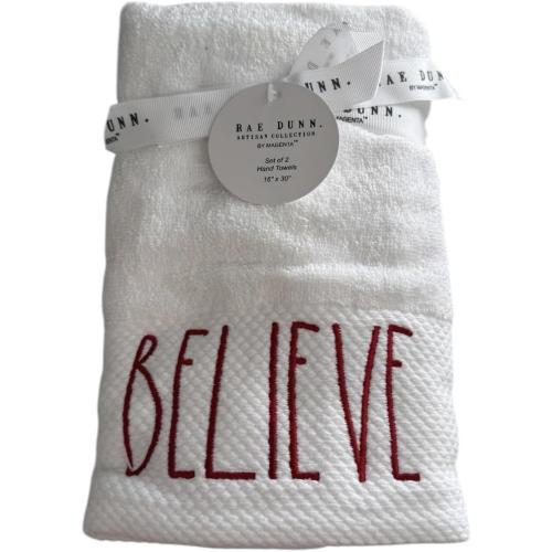 2 pack....Rae Dunn by Magenta Hand Towel White Towel with Red Lettering Believe