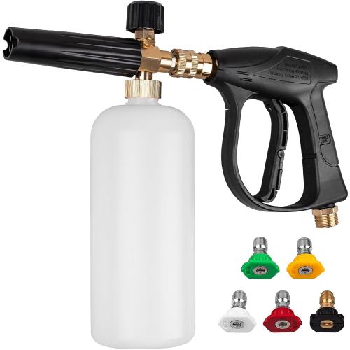 Pressure Washer Short Gun, Foam Cannon with 1/4 Inch Quick Connector, Power Washer with 5 Pressure Washer Nozzle Tips, M22-14 mm Inlet Connector