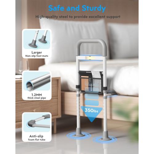 White and Grey Bed Rails Elderly Adults Safety: Side Assist Grab Bar Handrails for Seniors with Motion Sensor LED Light Pouch - Adjustable Bed Cane Portable Handle Bedside Railing - Fits Twin Full Queen King Grey