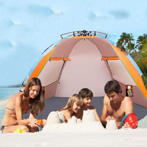 Oileus X-Large 4 Person Beach Tent Sun Shelter - Portable Sun Shade Instant Tent for Beach with Carrying Bag, Stakes, 6 Sand Pockets, Anti UV for Fishing Hiking Camping, Waterproof Windproof, Orange