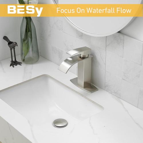 BESy Waterfall Bathroom Faucet, Single Handle Bathroom Vanity Sink Faucet, Rv Faucet Deck Plate, Stainless Steel Brushed Nickel, 1 or 3 Hole with Pop Up Drain