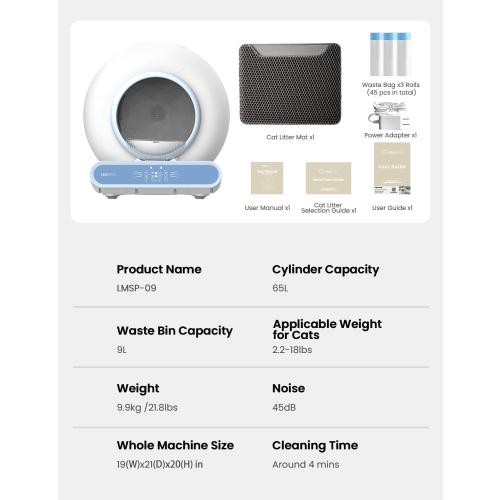 Self Cleaning Litter Box, Integrated Safety Automatic Cat Litter Box Self Cleaning 65L 9L for Multiple Cats, App Control, Odor Removal, Includes Mat & Liner (3 Rolls) - Blue