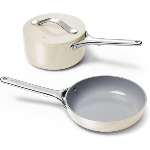 Caraway Non-Stick Ceramic Mini Cookware Set | Ceramic Fry Pan (1.05 qt, 8) Sauce Pan (1.75 qt) and Storage Rack, Non Toxic, PTFE & PFOA Free, Cream