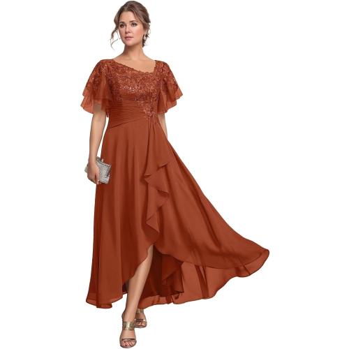 Size 18W Color Brown Mother of The Bride Dresses for Wedding with Sleeve Lace Appliques Chiffon Formal Gowns with Slit