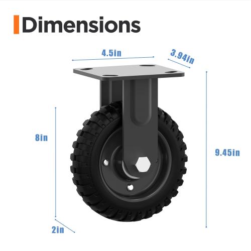 8 Inch Fixed Heavy Duty Cast Iron Caster Wheel - 1000lb Capacity, Black Rim, Solid Rubber, Outdoor, Flat Free for Carts, Dolly, Workbench, Trolley, DIY Tools(2 Pack)