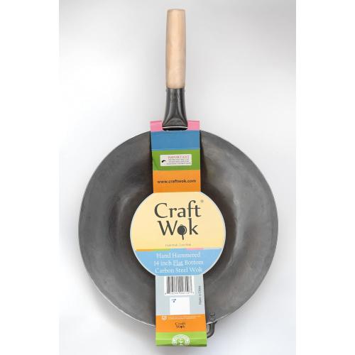 Craft Wok Flat Hand Hammered Carbon Steel Pow Wok with Wooden and Steel Helper Handle (14 Inch, Flat Bottom) / 731W316