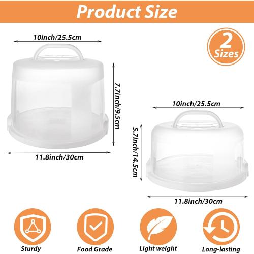 Size 10 inch 2 Pcs 10 Inch Cake Carrier with Lid and Handle, 6&8 Inch Height Round Cake Storage Container, Reusable Cake Holder Portable Cheesecake Container for Cupcake Pie Transport, White