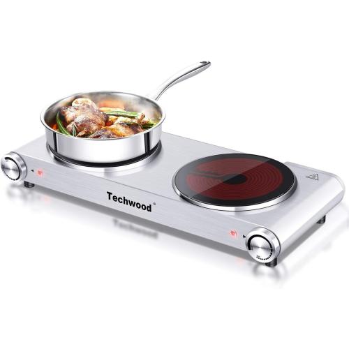 Hot Plate, Techwood 1800W Dual Electric Stoves, Countertop Stove Double Burner for Cooking, Infrared Ceramic Hot Plates Double Cooktop, Silver, Brushed Stainless Steel Easy to Clean Upgraded Version