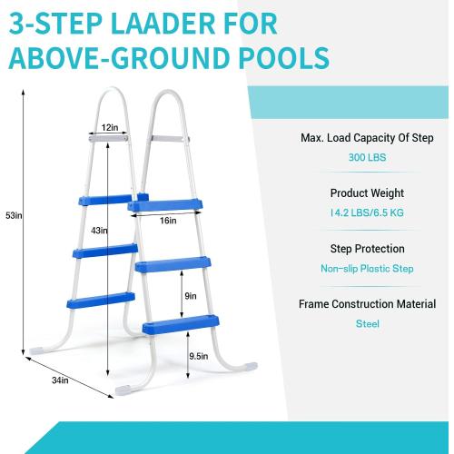 3-Step 42 Steel Frame Above Ground Swimming Pool Ladder, Heavy Duty Metal Frame Double-Side Pool Ladder with Non-Slip Plastic Steps for Easy Entry and Exit, 300LB Capaticy, for 42In High Wall Pool
