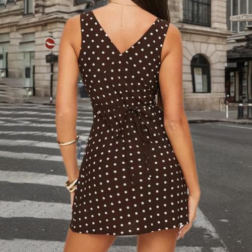 Size S ...Brown Polka Dot Mini Dress for Women Y2k V - Neck Sleeveless Mini Dress Vintage Streetwear Summer Outfit 2025