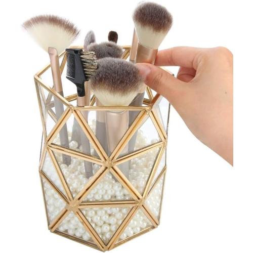 Clear Glass Makeup Brush Holder Vintage Jewelry Organizer Metal Handmade Art Crafts Pearls Not Included (Brass)