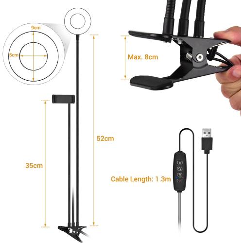 Andoer Clip-On LED Ring Light 3 Lighting Modes, USB Fill-in Lamp Dual Lights Dimmable Flexible Arms Design with Phone Holder for Live Video Chatting Selfie
