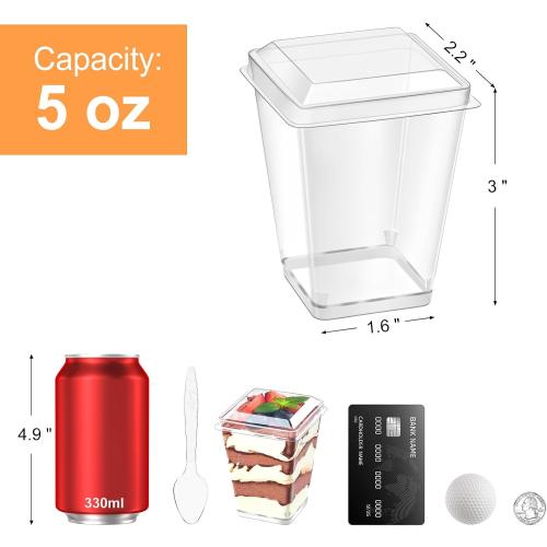 Kucoele Set of 50 Pack 5 oz Plastic Dessert Cups with Lids and Spoons, Clear Parfait Cups Pudding Cups Mini Party Serving Cups for Appetizer Fruit Yogurt Ice Cream