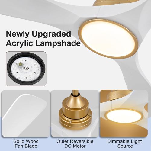 52 Inch White and Gold Ceiling Fans with Lights and Remote, 3 Blade Wood Outdoor Ceiling Fan with Light Outdoor Ceiling Fans for Patios, Bedroom Ceiling Fan for Modern Living Room Patio Indoor Office