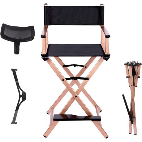 Lorvain Folable Makeup Artist Stool Chair, Protable Tall Folding Directors Chair, Aluminum Makeup Chair with Head Rest for Studio Salon Vanity, Bar Height - Gold Chairs