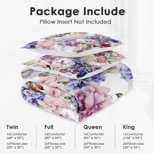 White and flowers King Size Comforter Set with 2 Pillowcases, Painting Floral Rose Flower Hydrangea Soft 3 Pcs Bedding for Kids and Adults Bedroom Bed Decor