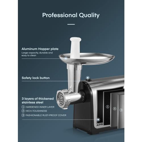 Electric Meat Grinder, Sausage Stuffer with 3 Sausage Tubes, 2 Blades, 3 Plates, 3200W Max, Meat Grinder Heavy Duty for Home Kitchen Use, Stainless Steel (Black)