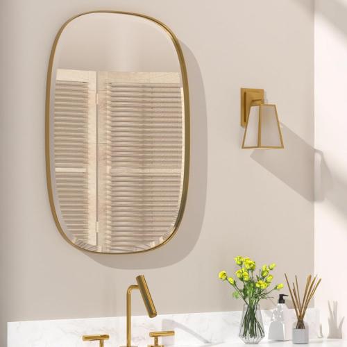 POZINO Brushed Gold Mirror, 20x30 Brass Beveled Mirrors for Bathroom, Rounded Rectangle Mirror, Modern Vanity Wall Mirrors in Premium Stainless Steel Frame Hangs Horizontal Or Vertical
