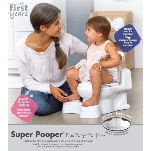 The First Years Super Pooper Potty Training Toilet Plus Potty Seat with Foot Rest — White — 2-in-1 Toddler Toilet Seat and Potty Chair