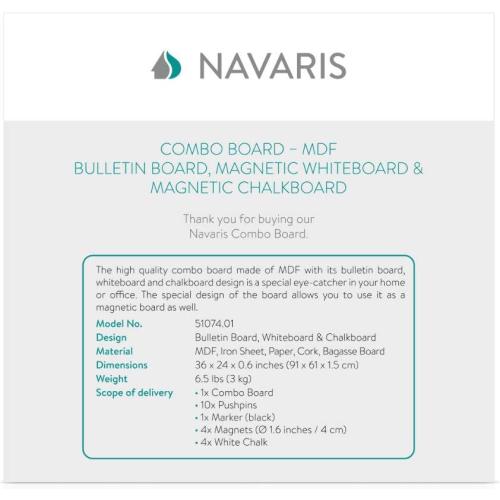 Navaris Combination Board Cork/Whiteboard/Chalkboard - 24 x 36 inches Combo Bulletin Magnetic Dry Erase Chalk Board Weekly Planner Message Organizer
