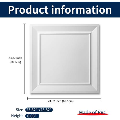 Art3dwallpanels Ceiling Tiles 24 x 24 Drop Ceiling Tiles, 12 Pack Drop in High Grade PVC Wall Panels, Fire Rated, Waterproof, Light Weight, Cover 48 Sq.Ft, White