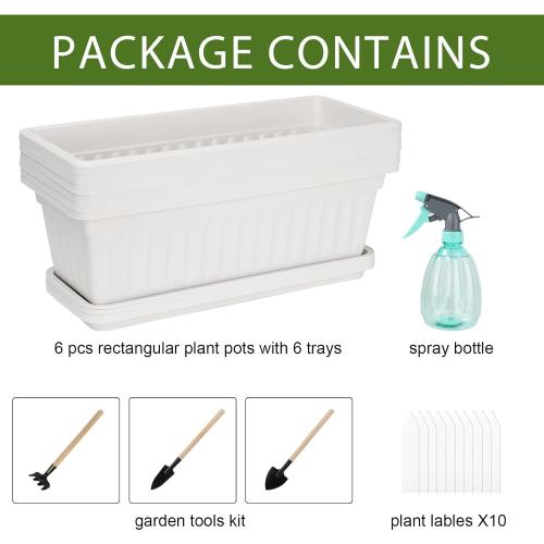 HOXHA 6 Pack Window Box Planter, 17 Inches Vegetable Flower Plastic Planter Boxes with Tray, Rectangular Planter Indoor and Outdoor Flower Pots for Windowsill, Patio, Porch, Garden Balcony, White