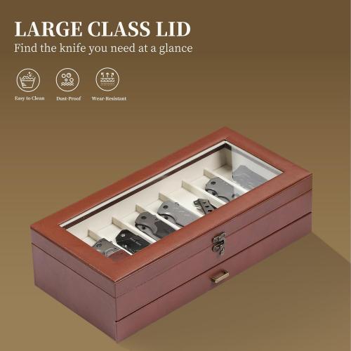 AUTOARK 2-Tier PU Leather & Velvet Knife Organizer with 17 Slots,Transparent Glass Top & Drawer,Compact Storage for Pocket Knives,Perfect for Men's Collections & Gifts,Brown,MKAW017
