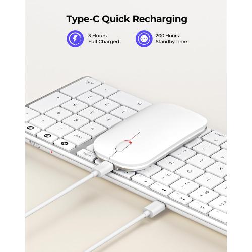 seenda Bluetooth Keyboard and Mouse for Mac, SKM64-2 Multi-Device Rechargeable Slim Wireless Keyboard Mouse Stainless Steel Full Size, Compatible with MacBook Pro/Air, iPad, Mac - White Silver