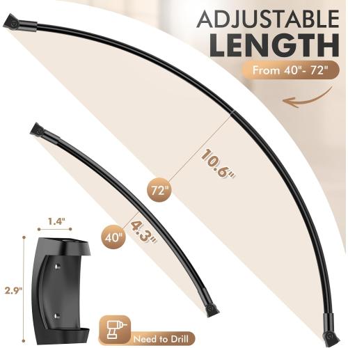 Bonpally Curved Shower Curtain Rod for Bathroom, 40-72 Inches Adjustable Curved Shower Rod, 0.9MM Aluminum Shower Curtain Rod with Rotating Brackets for Extra Shower Space, Need to Drill, Black