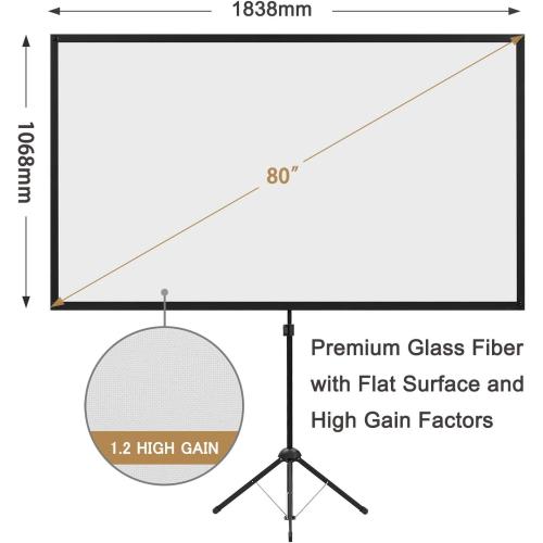 Portable Projector Screen with Stand, Outdoor Movie Screen, 80 Inch 16:9, Light-Weight, Mobile and Compact, Easy Setup and Carrying, Projection Screen with 1.2 Gain Glass Fiber, Idea for Home Cinema.