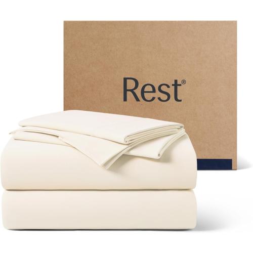 REST® Evercool®  Cooling Sheet Set, Cali King Size, ***Snow Ivory***, Breathable Bed Sheets for Hot Sleeper and Night Sweats, with Pillowcases, with Ionic  Self-Cleaning Silver Yarn for Sensitive Skin, 4PCS