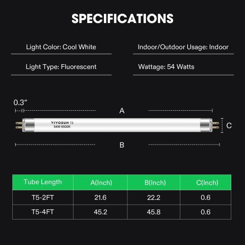 VIVOSUN T5 Grow Light Bulbs 4 Ft 46 Inches, 54W 6500K HO Fluorescent Tubes Light Bulbs, Cool White T5 Bulb for 46 Inches T5 Light Fixtures, T5 Grow Lights for Indoor Plants, 4 Ft 54W Pack of 5