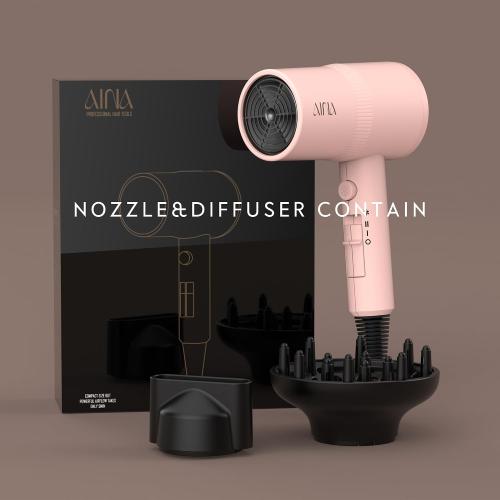 AINA Diffuser Hair Dryer Full-Featured Blow Dryer 110V/1600W(Babe Pink) | 3 Heat/2 Speed;Cold shut button;Lightweight;Compact Size;High Temp;Low Airflow;Same Results;Less Expense