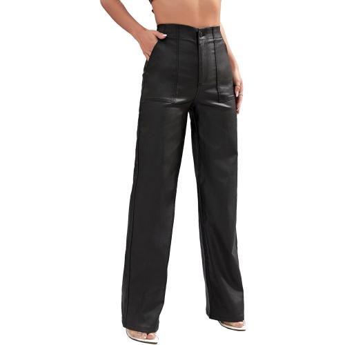 Size S Viligo Faux Leather Pants High Waist Coated PU Button Straight Leather Black Leggings Wide Leg Pants with Pockets