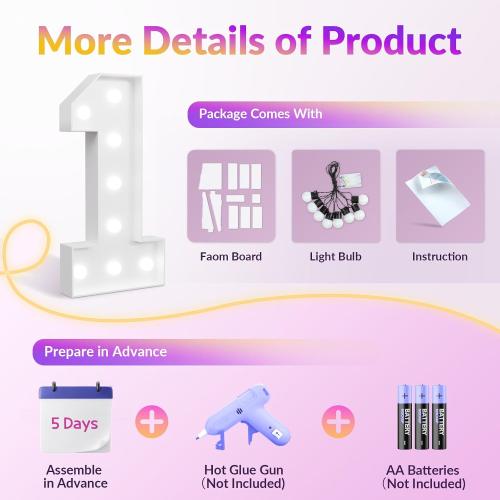 3FT Light Up Numbers 1, 1st Birthday Decorations for Girls Boys Kids Baby, Marquee Numbers 3 Feet Tall Light Up Sign for Birthday Party Anniversary Decorations